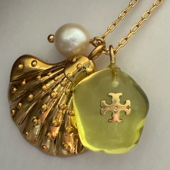 Tory Burch Gold and Green Twisted shell logo small open cuff Bracelet - Picture 9 of 10